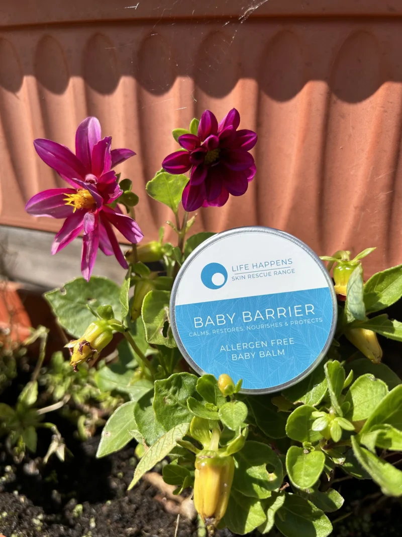 A round container labeled "Baby Barrier Baby Balm" with a blue and white design is placed among vibrant purple and yellow flowers. The container is part of the "Life Happens Skin Rescue Range." The sunlit scene, set outdoors, highlights the natural beauty of this baby barrier balm.