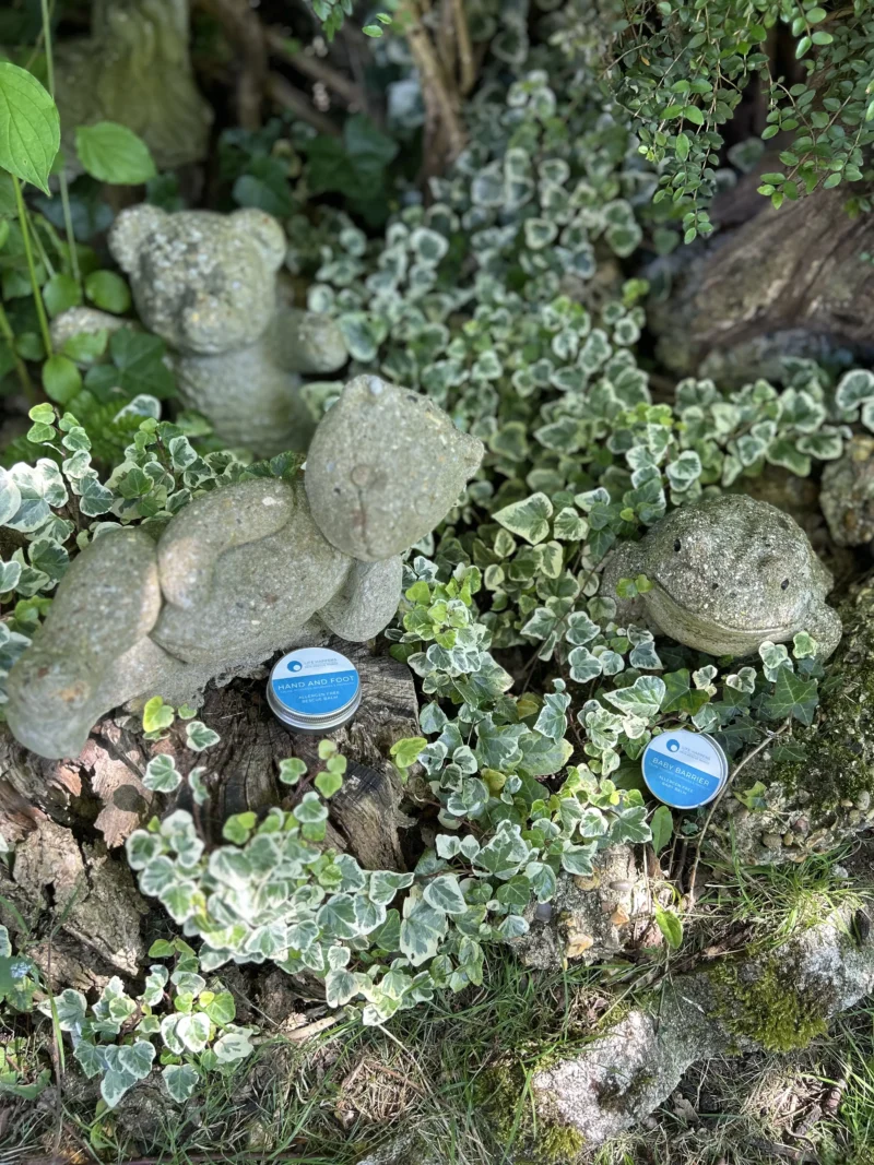 Three stone animal sculptures are placed on the ground, surrounded by green and white variegated ivy leaves. Two small tags are positioned near the sculptures, reminiscent of product labels like baby barrier balm.