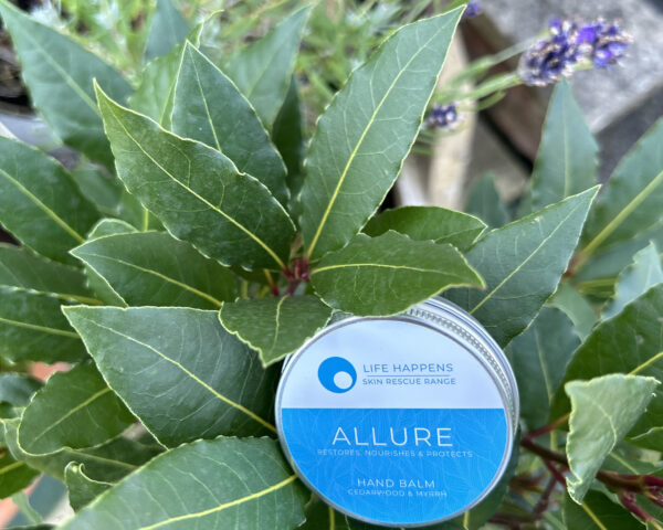 A small tin of alluring "Allure Hand Balm" is placed on top of a green leafy plant. The tin is blue and silver, with the text "Life Happens Skin Rescue Range" and "Hand Balm Cedarwood & Lemon" visible on the lid. Purple flowers are in the background.