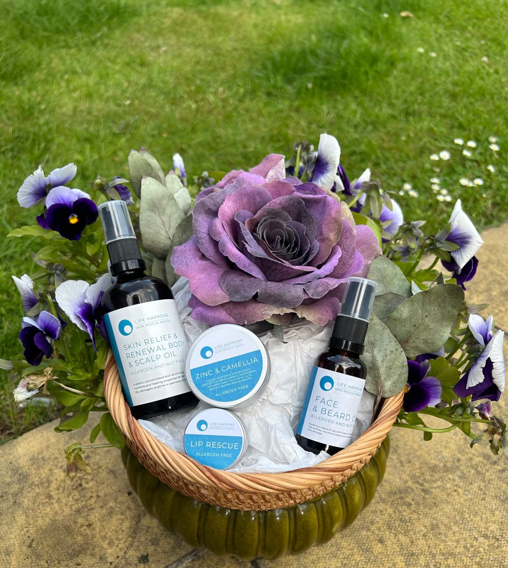 different oils and balms skincare products in a basket for sensitive skin